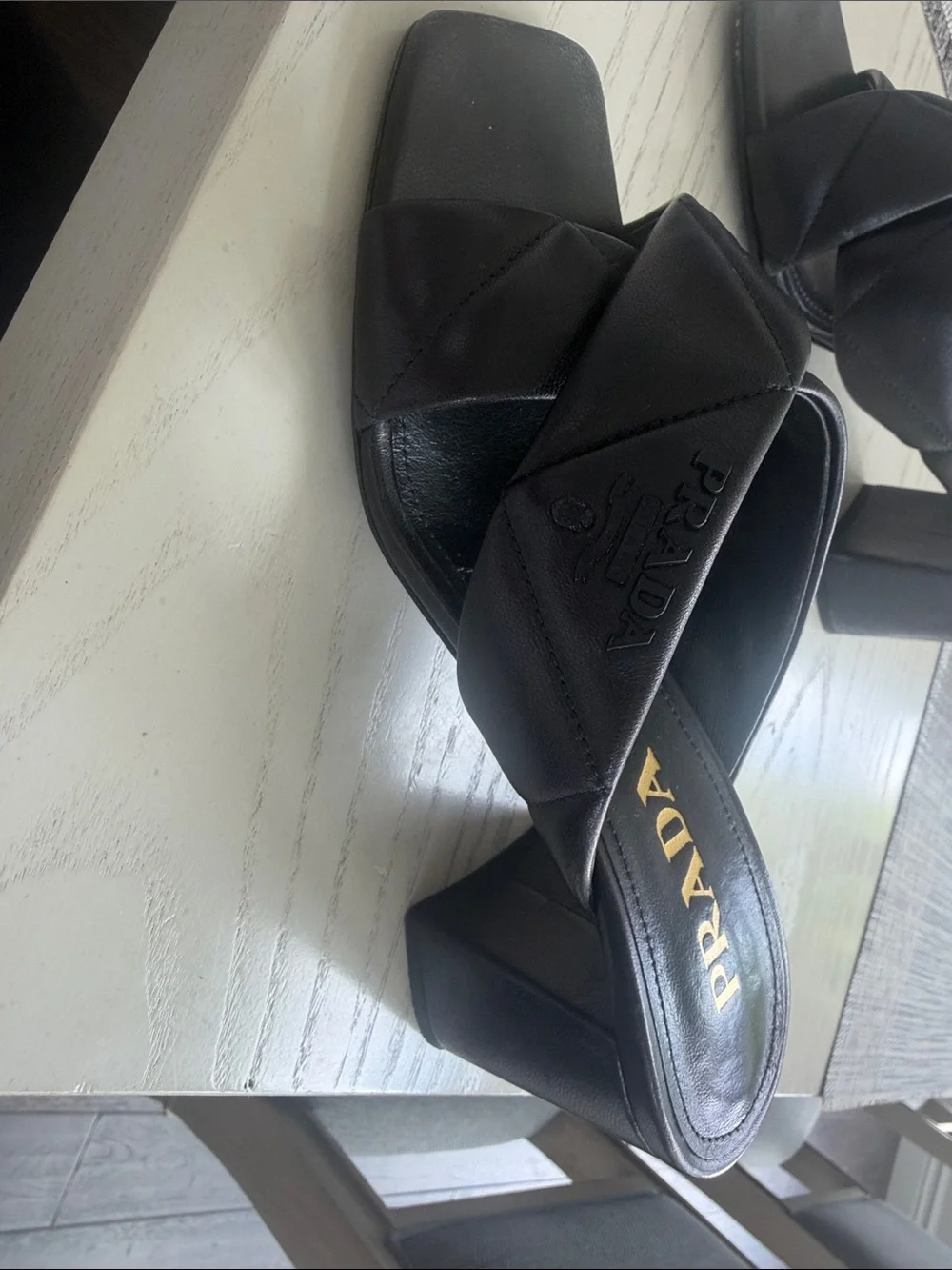 Prada Black Leather Braided Crisscross Block Heel Mules - Picture 2 of 3